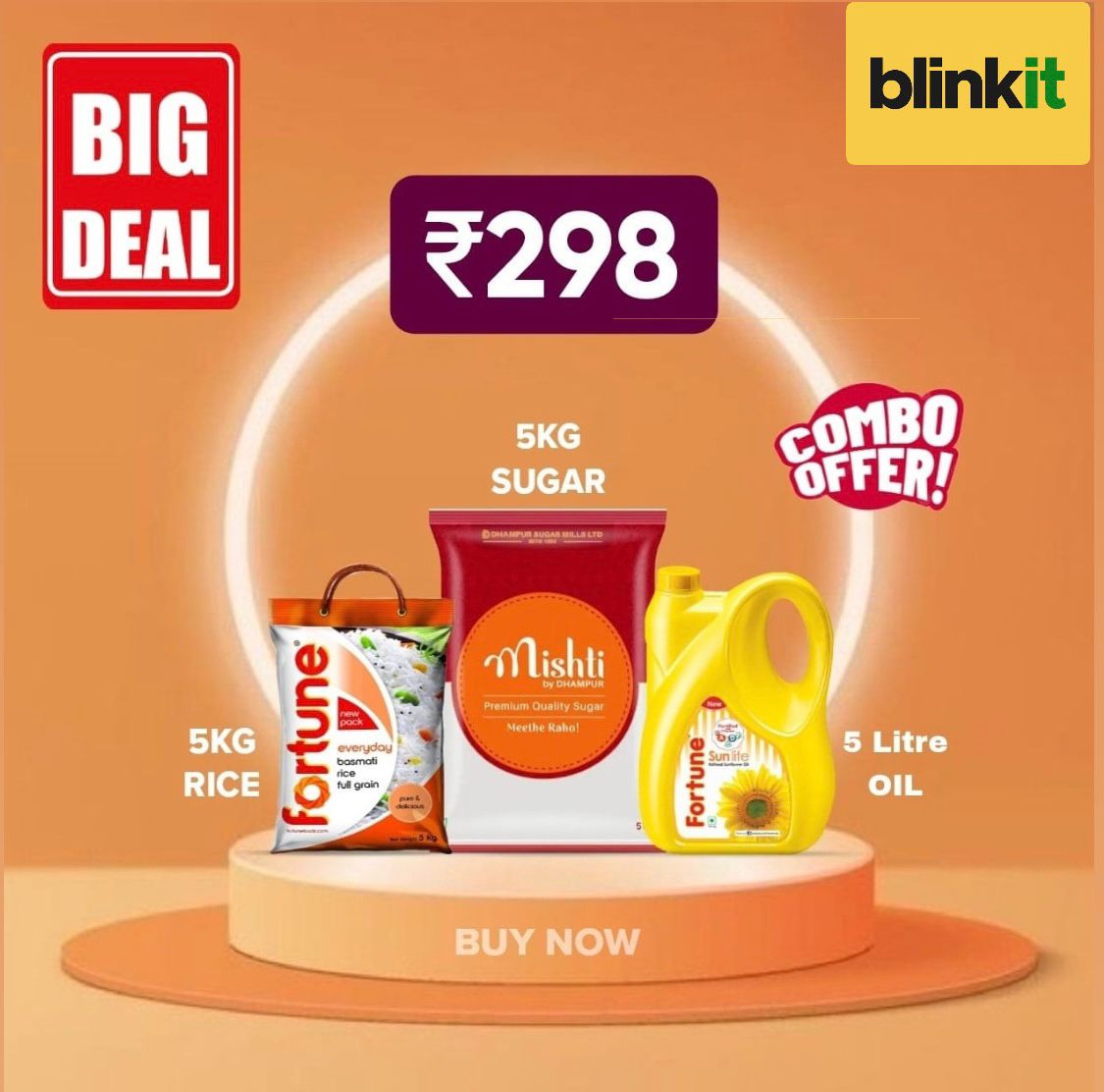 Blinkit Offer Online Today : 5kg Basmati Rice+5kg Sugar+5kgOil 70% Off